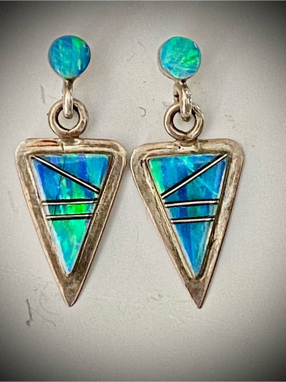 Sterling Silver And Australian Inlayed Opal Triangle Drop Earrings
